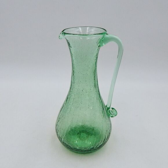 Crackle Glass Mini Pitcher Cruet Hand Blown 7 Inch Green Applied Handle - Picture 1 of 9